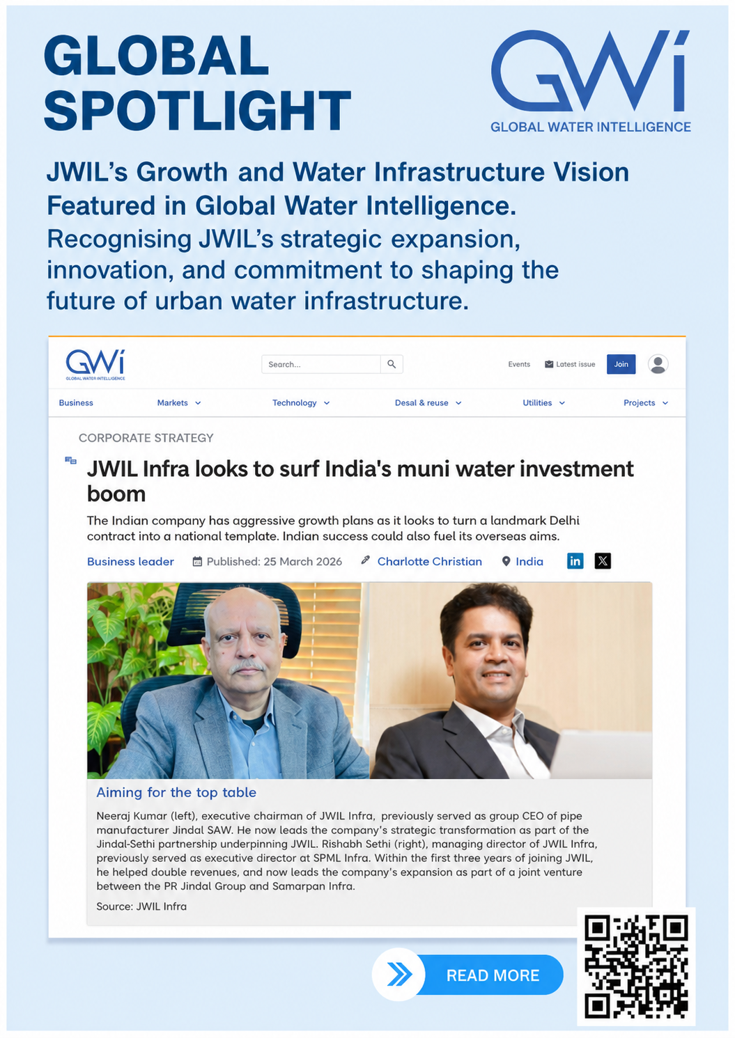 GLOBAL SPOTLIGHT — JWIL featured in Global Water Intelligence